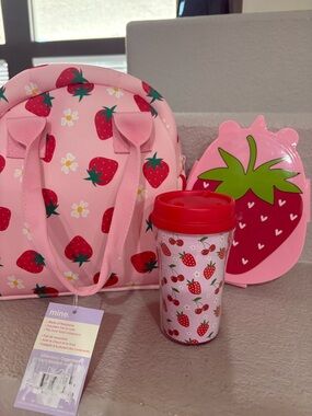 Pink Strawberry Kids Tote Bag with Matching Travel Cup and Snack Box